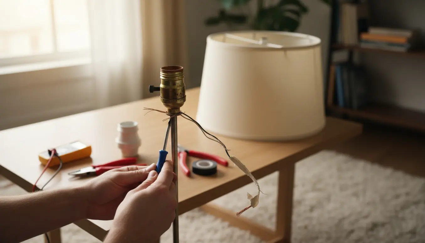 Hænder reparerer fatningen på en stående lampe med værktøj og afmonteret lampeskærm.