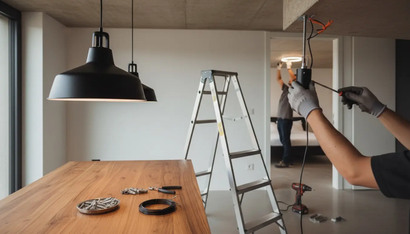 Installation af to loftlamper under et lavt betonloft med stige og værktøj.