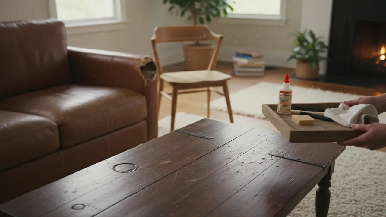 Stue med slidte møbler og reparationsværktøj klar til reparation