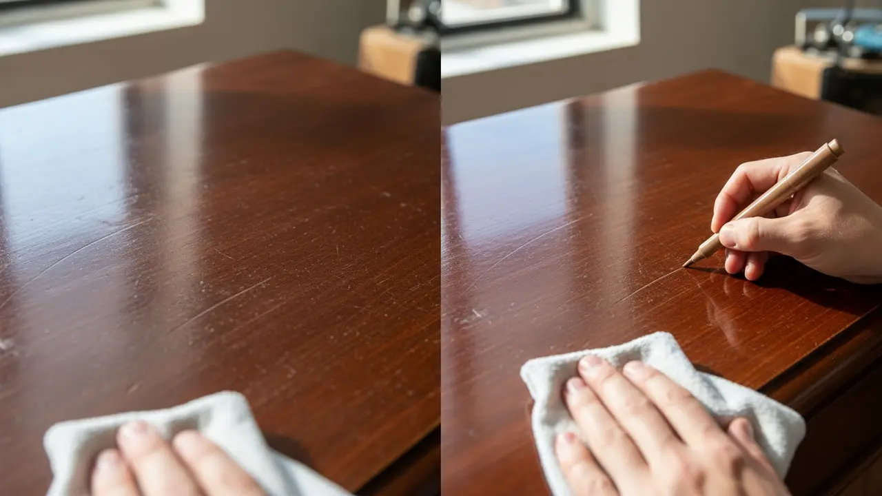 Før-og-efter nærbillede af ridse i træ der bliver dækket og poleret