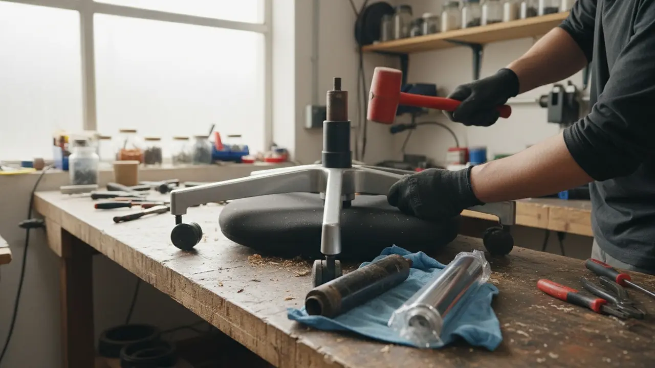 Arbejde med udskiftning af gasfjeder i kontorstol på værkstedsbord