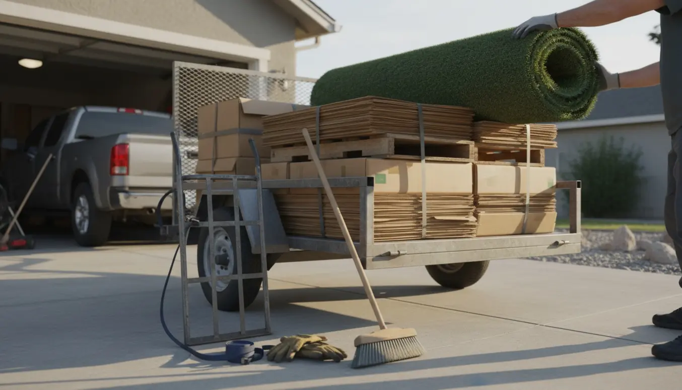 Trailer læsses med rullegræs, papkasser og træpaller klar til aflevering på genbrugsstationen.