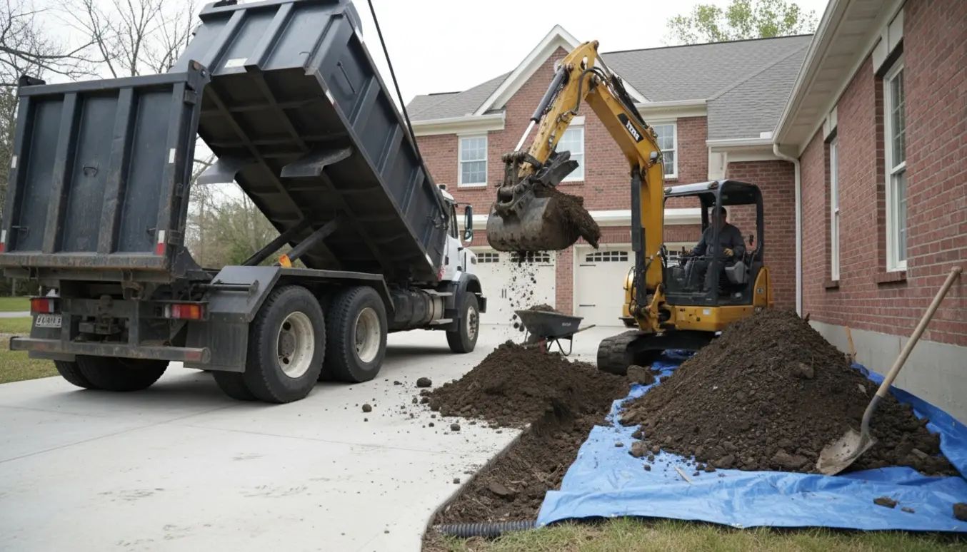 Dumptruck og minigraver læsser nygravet jord ved kælderen.
