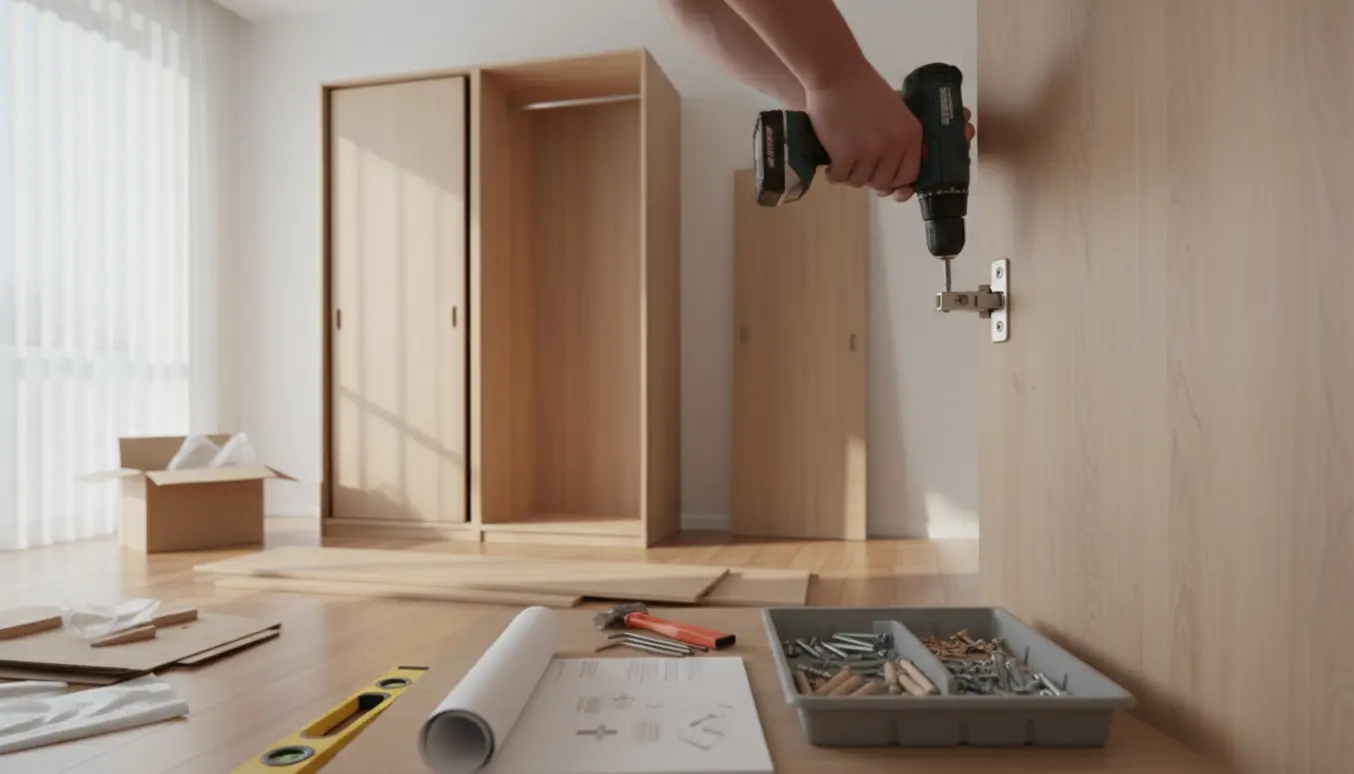 Delvist samlet 180x200 cm klædeskab i lyst værelse med værktøj og skruemaskine ved siden af.