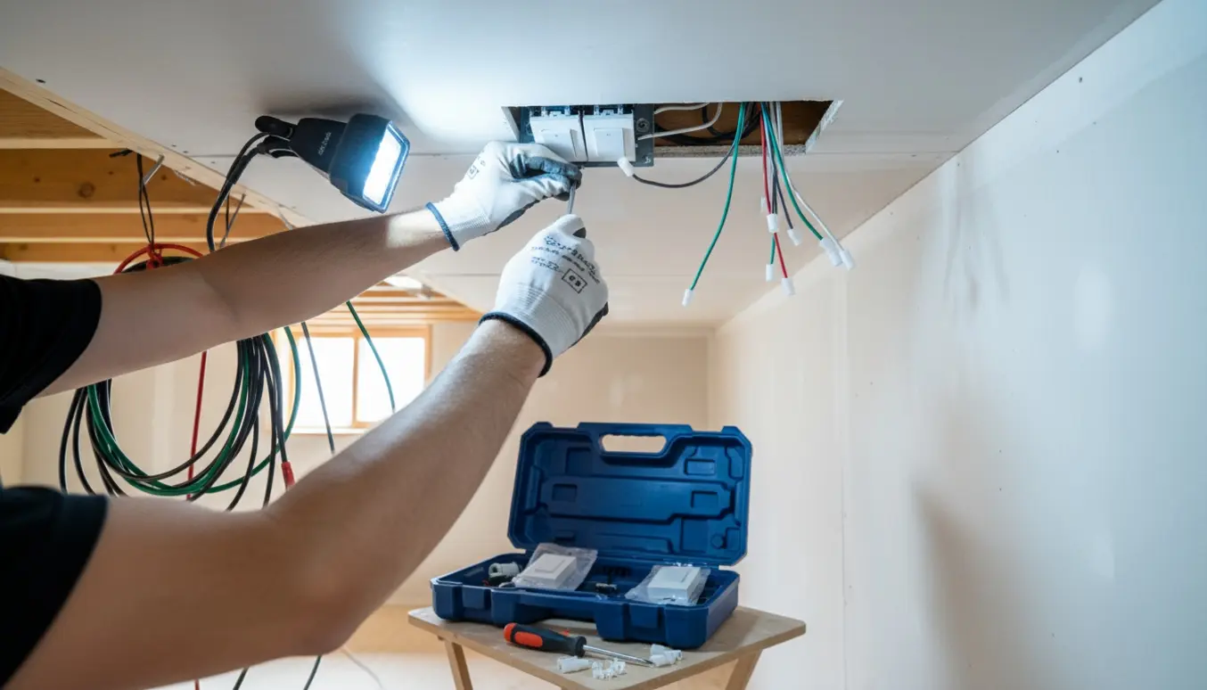 Hænder monterer to nye afbrydere i en gipsvæg i kælderloftet, mens løse ledninger dækkes med plastdæksler.