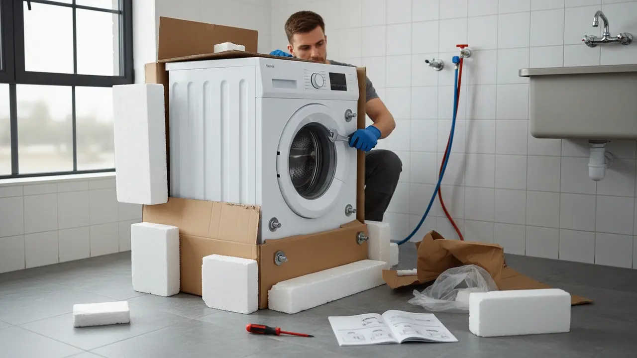 Person fjerner emballage og transportbolte fra ny vaskemaskine i bryggers