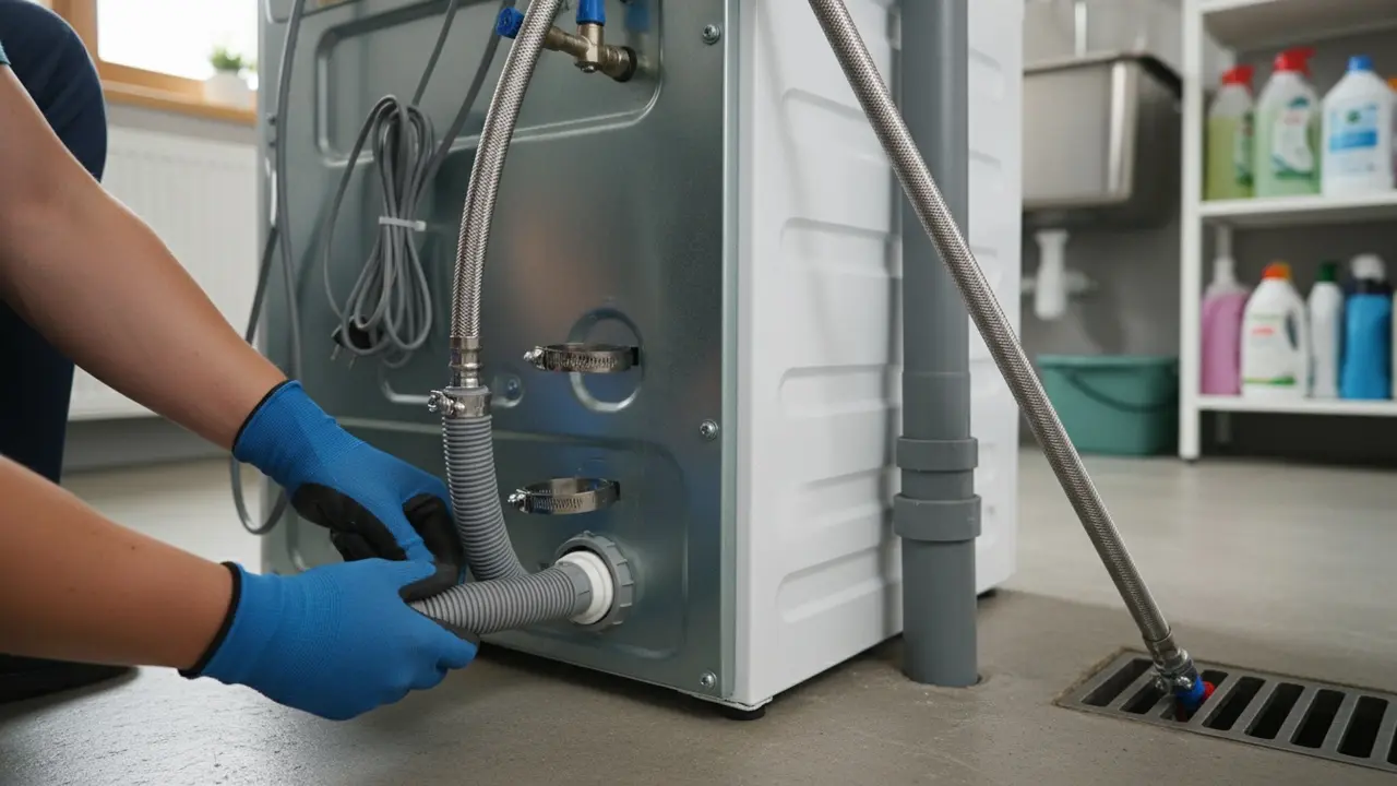Nærbillede af montering af afløbsslange på bagenden af vaskemaskinen