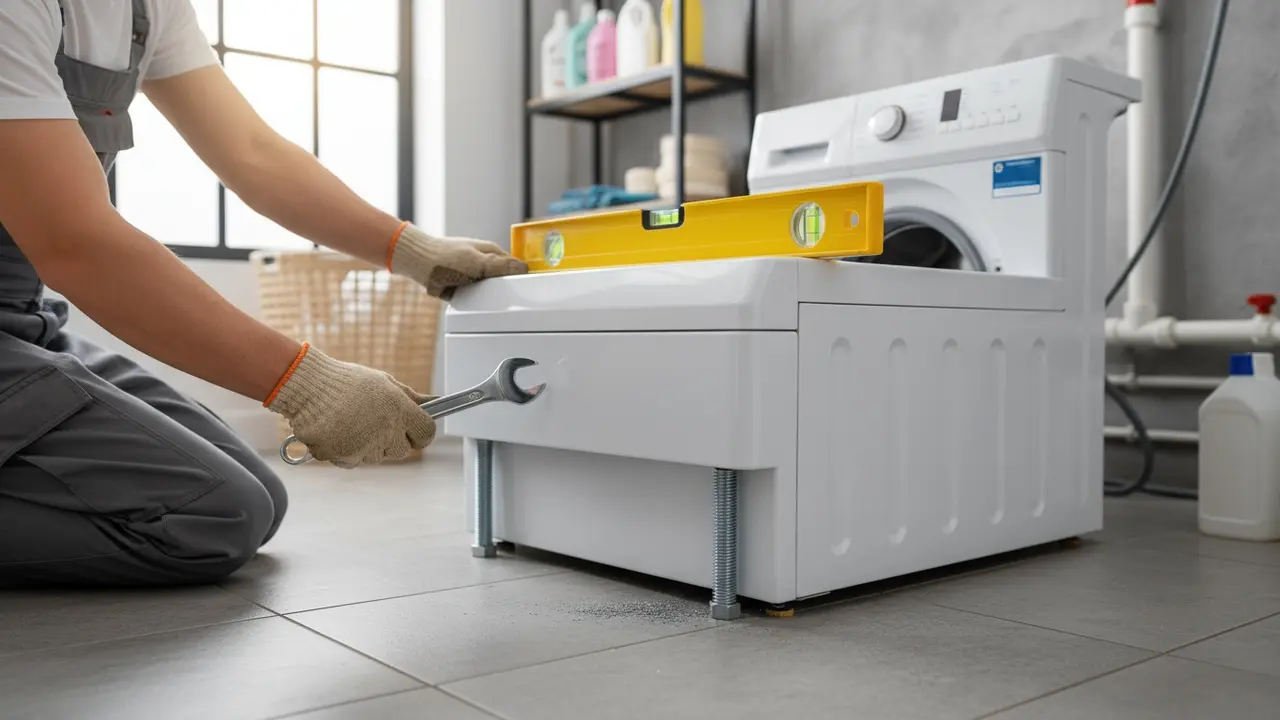 Person retter vaskemaskinens ben med vaterpas og spænder sikkerhedsmøtrikker