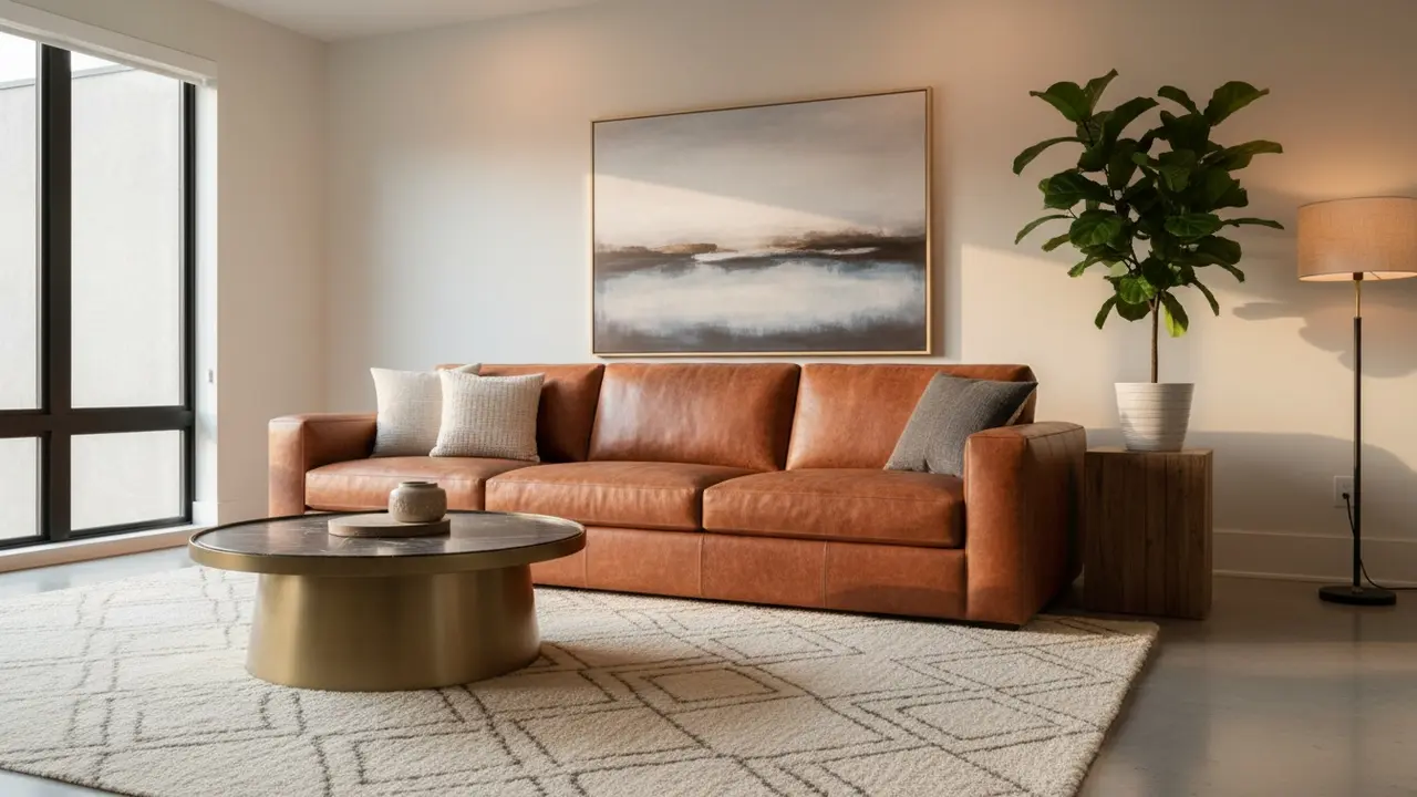 Luksuriøs brun lædersofa i moderne stue, tæt på lædertekstur, blødt lys.