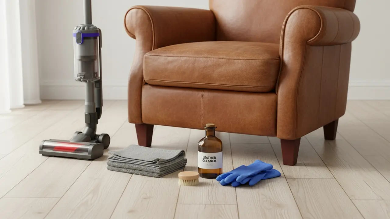 Rengøringsudstyr ved læderstol: støvsuger med blød børste, fnugfri klud, ulabellet læderrens.