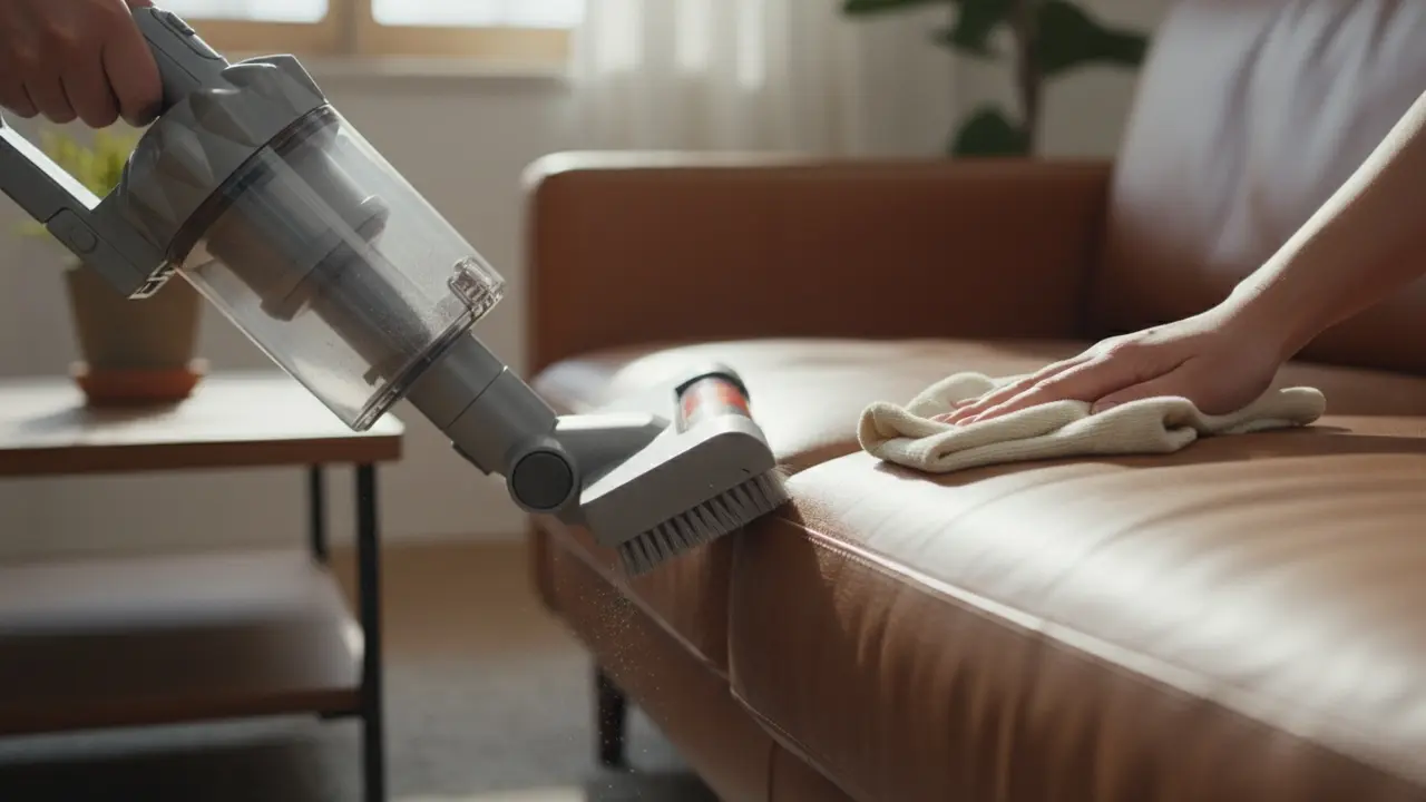 Nærbillede: hånd med støvsugerbørste rengør sprække i lædersofa, blød klud ved siden.