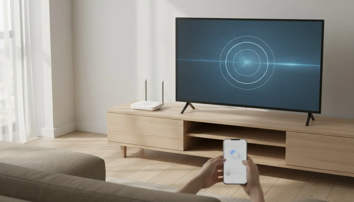 Hænder opsætter et 24" TV til WiFi med fjernbetjening, smartphone og en router i en lys stue.