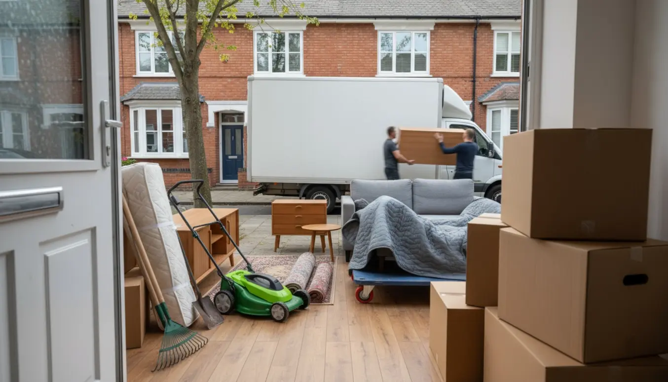 Flyttekasser, møbler og haveredskaber ved døren til et rækkehus klar til flytning.