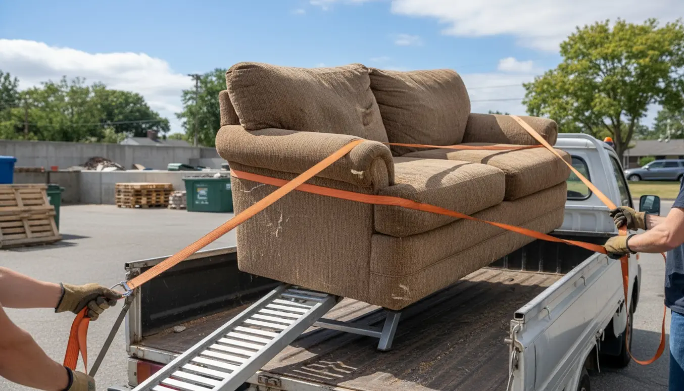 En slidt sofa løftes på en ladbil foran en genbrugsstation.