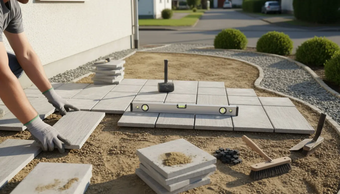 Soloplyst nærbillede af flisearbejde på en lille terrasse med handsker, fliser og værktøj ved indkørslen.