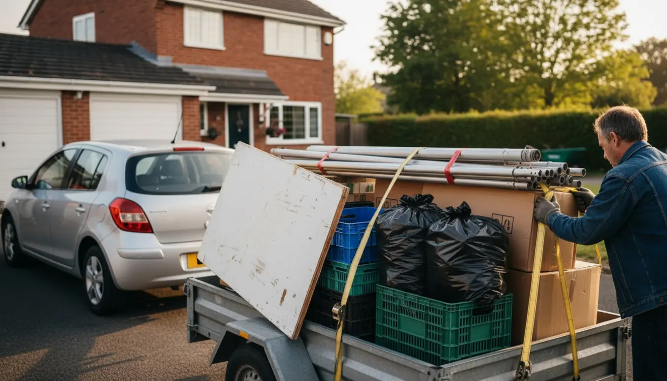 En trailer i indkørslen fyldt med plastik, bordplade og pavillonstænger klar til aflevering på genbrugspladsen.