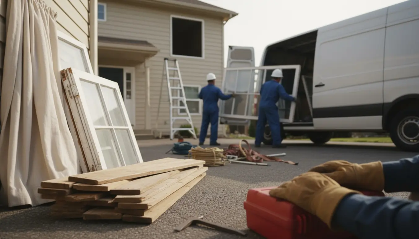 Afmonteret vindue lænet mod en varebil med stabler af plader, sammenrullede gardiner og arbejdshandsker i forgrunden.