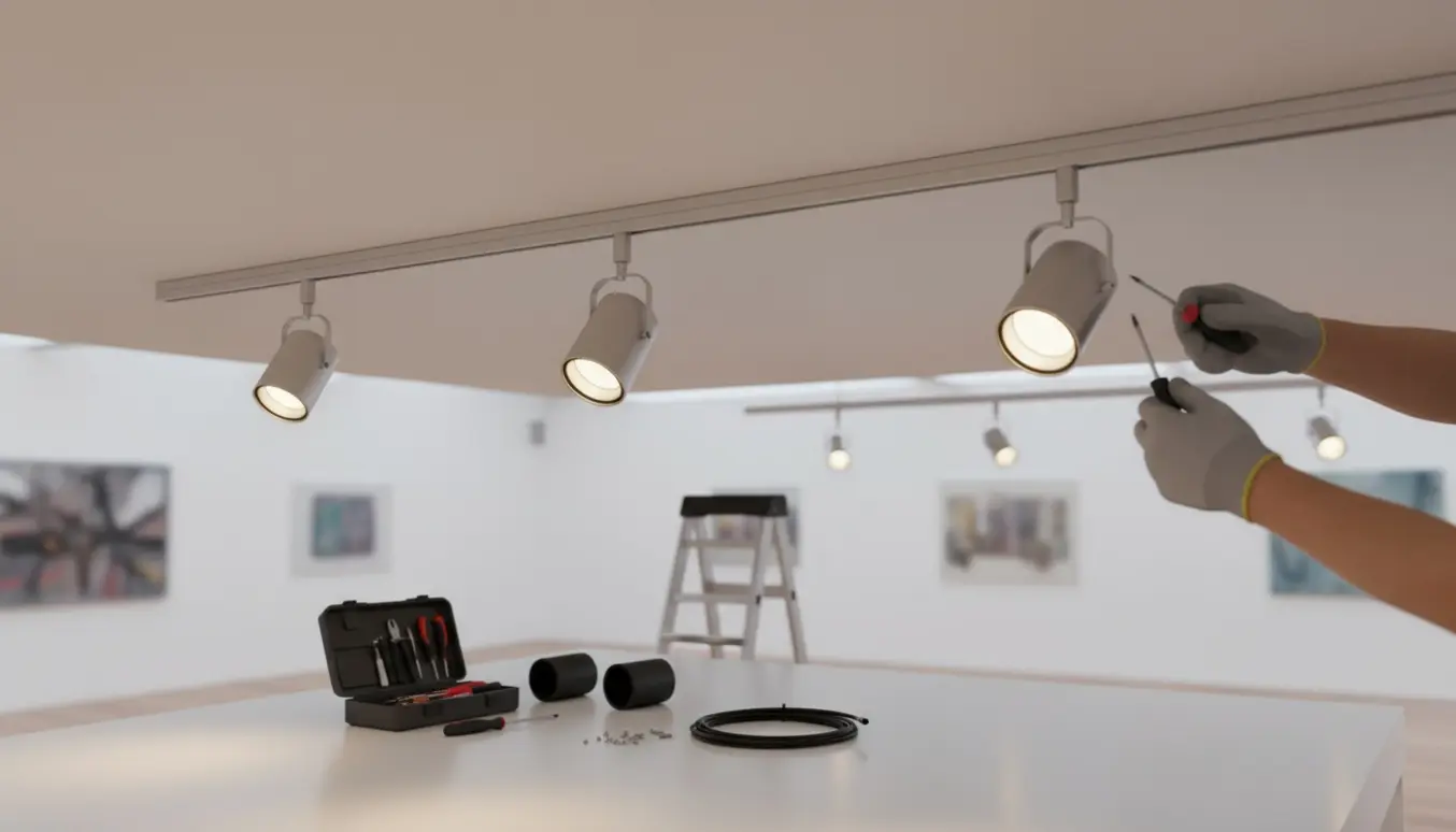Hænder monterer og tilslutter fire spotlamper på en skinnesystem i et lyst galleri.