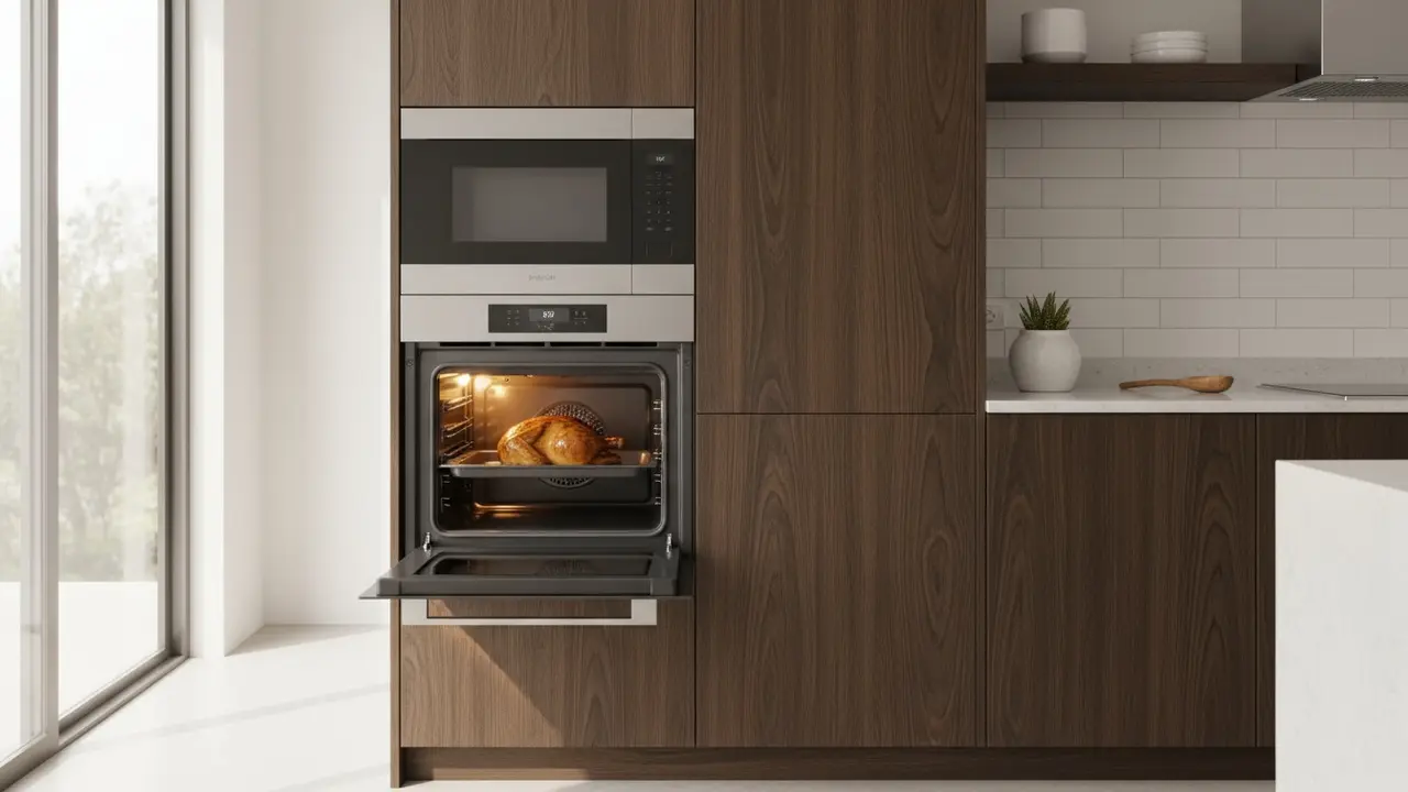 Moderne køkken med indbygget ovn og mikroovn side om side