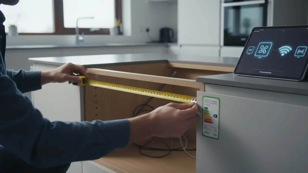 Person måler plads til ovn og mikroovn og sammenligner funktioner