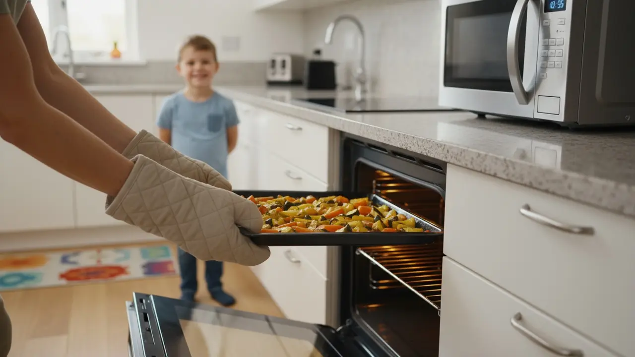 Person tager bakke ud af ovn med grydelapper mens barn står sikkert væk