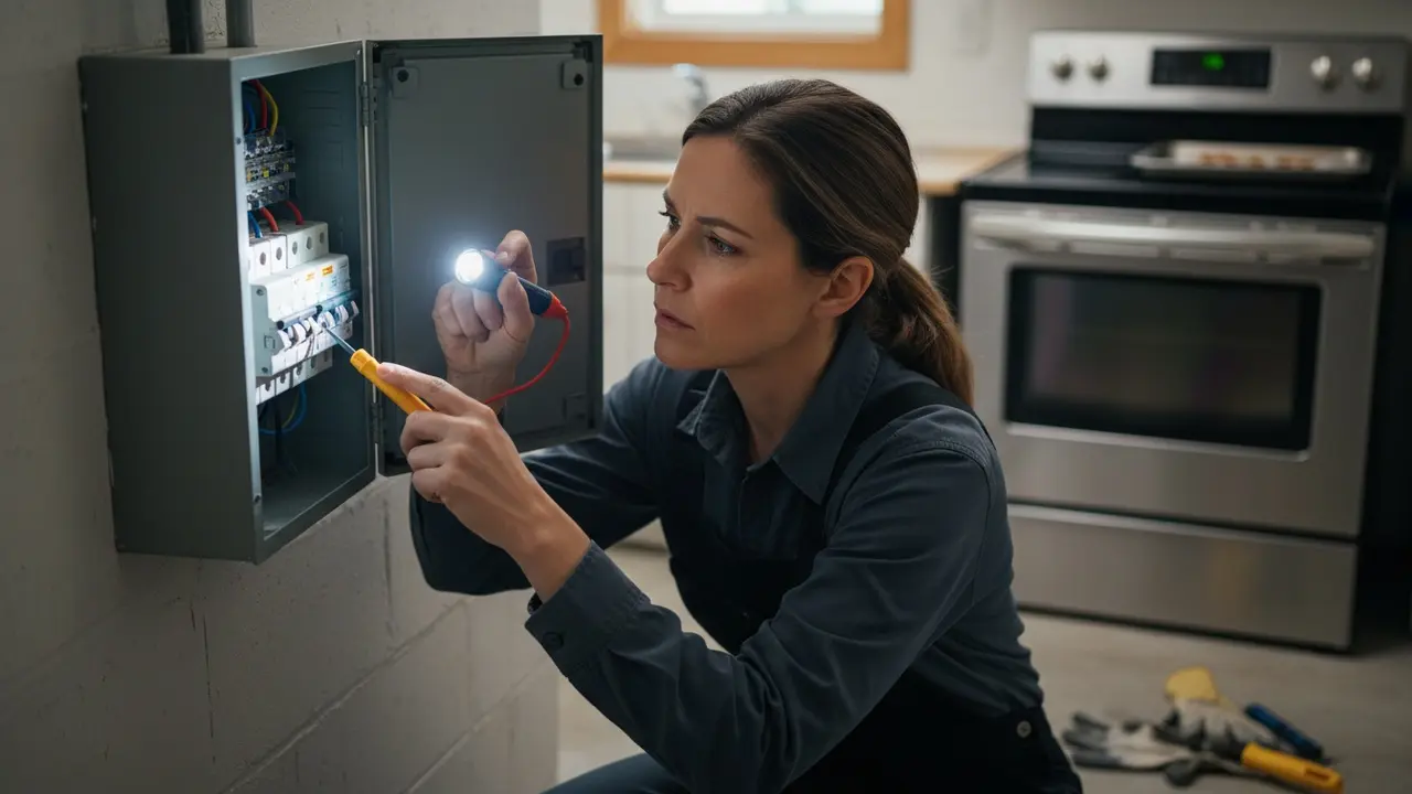 Person tjekker sikringsskabet som led i fejlfinding af ovnens strøm