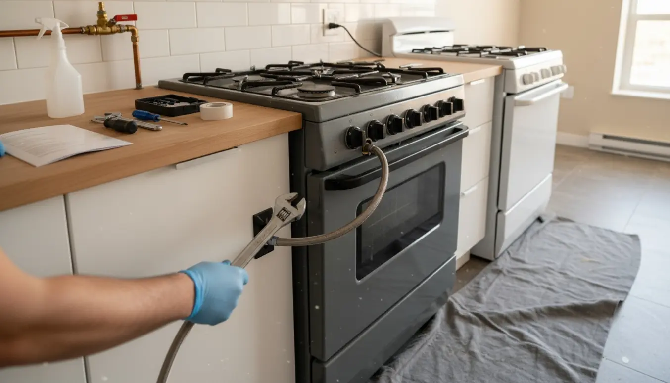 Hænder tilslutter et nyt gaskomfur i et lejlighedskøkken med værktøj og gasforbindelse synlig.