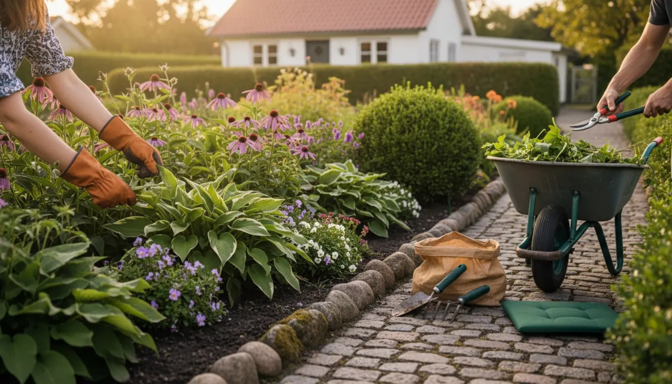 Nærbillede af lugning og let beskæring i en lille villahave i Greve med redskaber og stensætning.