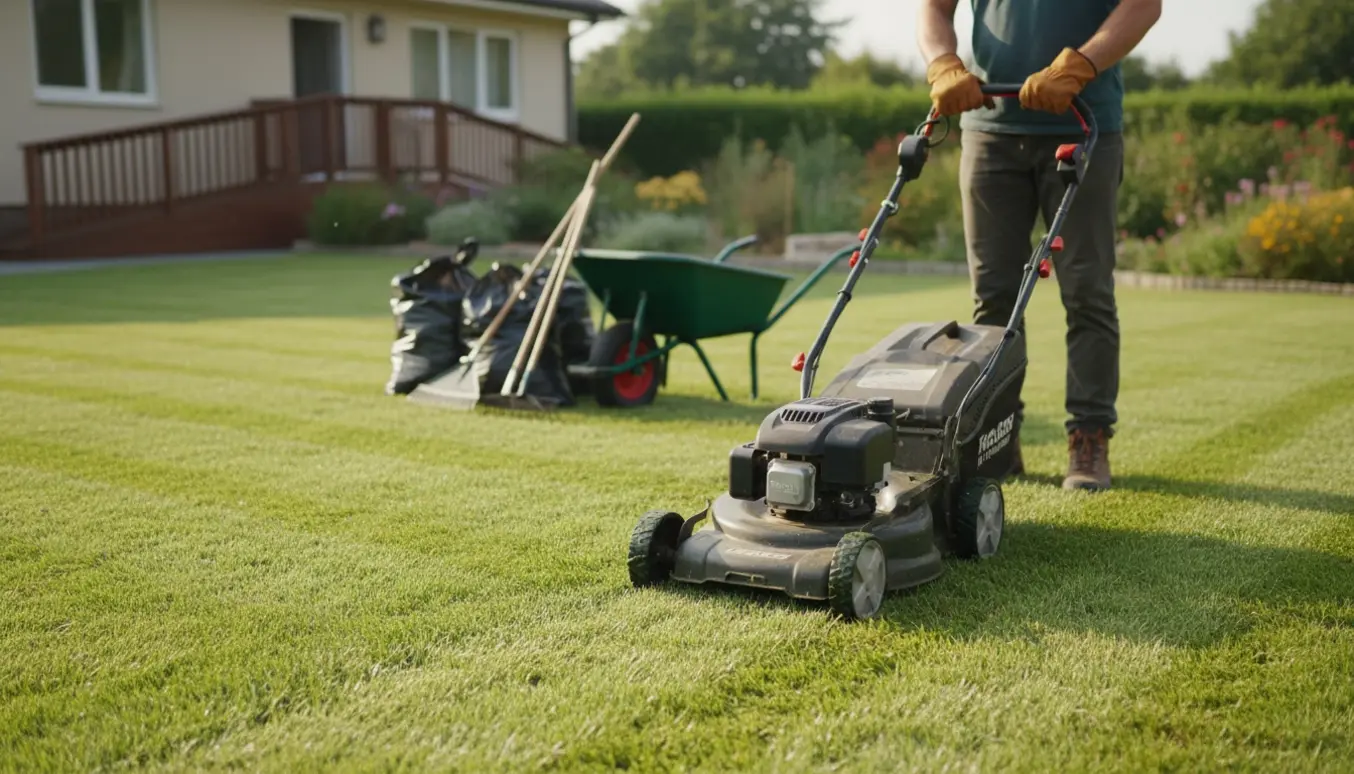 En professionel slår en stor græsplæne foran et hus med haveredskaber og fyldte affaldssække i baggrunden.