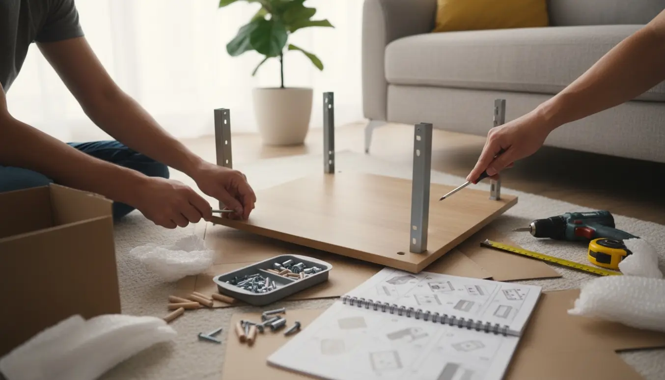Hænder samler et fladtpakket træskab med unbrakonøgle og manual i en lys stue.