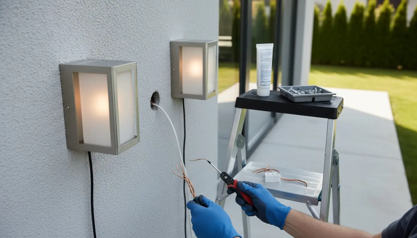 To udendørslamper monteres på husvæg med synlig ledning og håndværktøj.