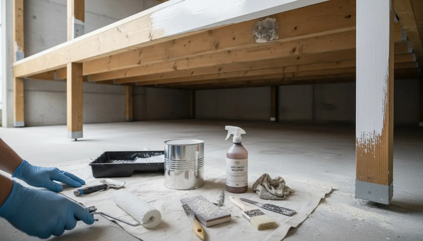 Indersiden af et carport-loft under afrensning og maling med malerulle, slibeværktøj og afrensningsudstyr.