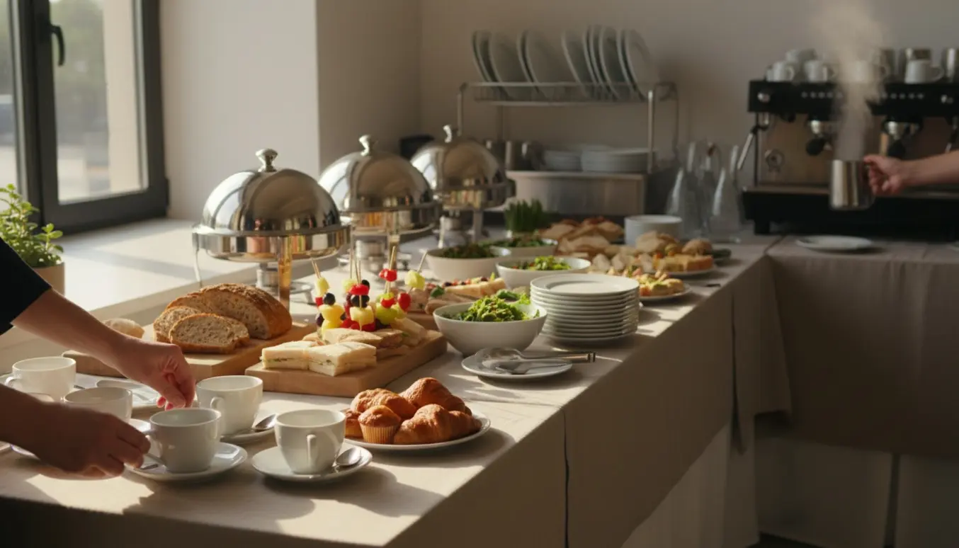 Hænder dækker en buffet og anretter kaffe og kager ved en lys serveringsstation.