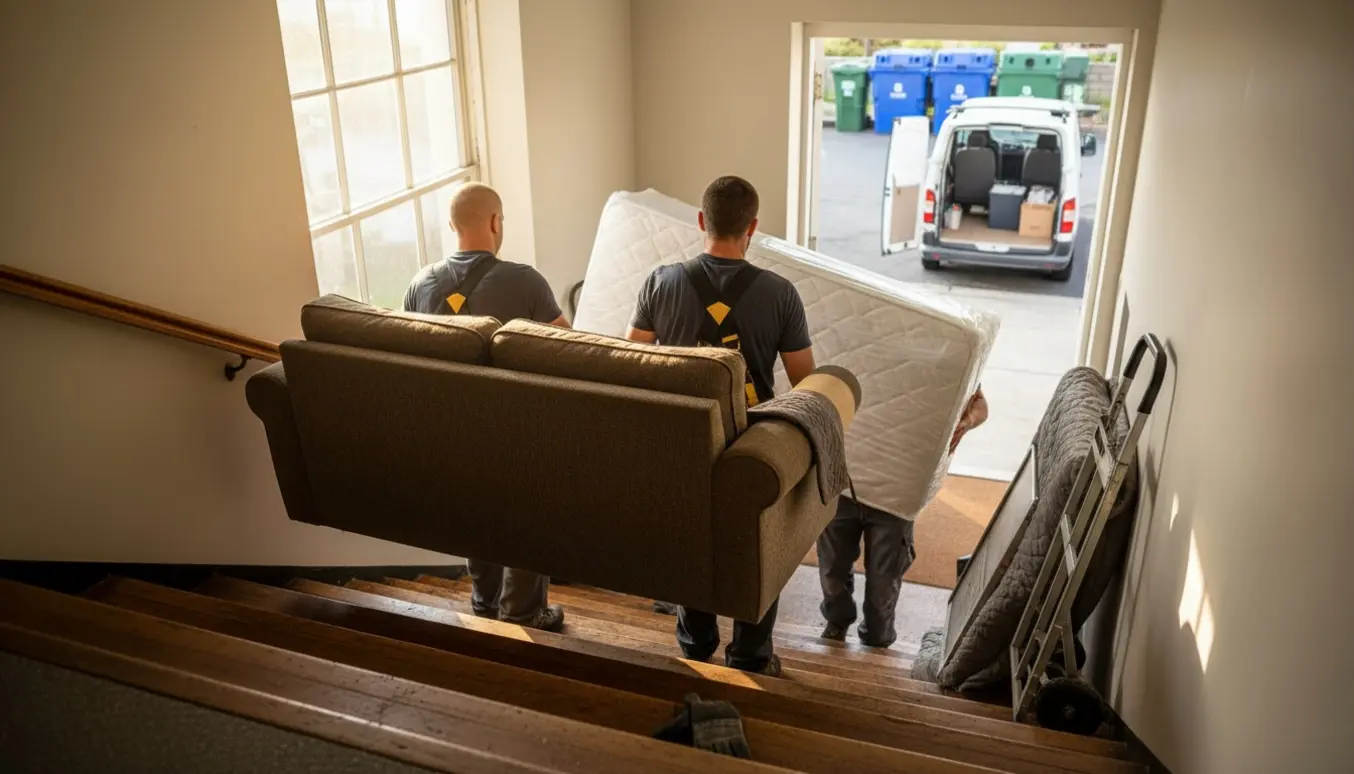 Flyttefolk bærer en tung sofa og en boxmadras ned ad en bred trappe mod en varevogn ved genbrugspladsen.