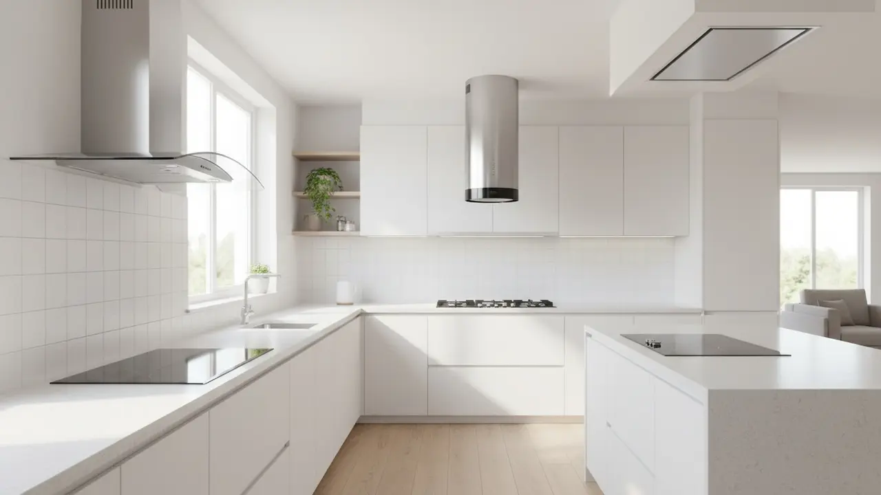 Forskellige typer emhætter i køkkenmiljø: væghængt, fritstående, under-skab og indbygget.