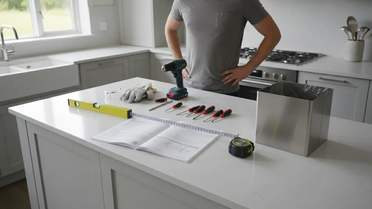 Forberedelse til montering: manual, målebånd, vaterpas, bor, skruetrækker og sikkerhedsudstyr klar.