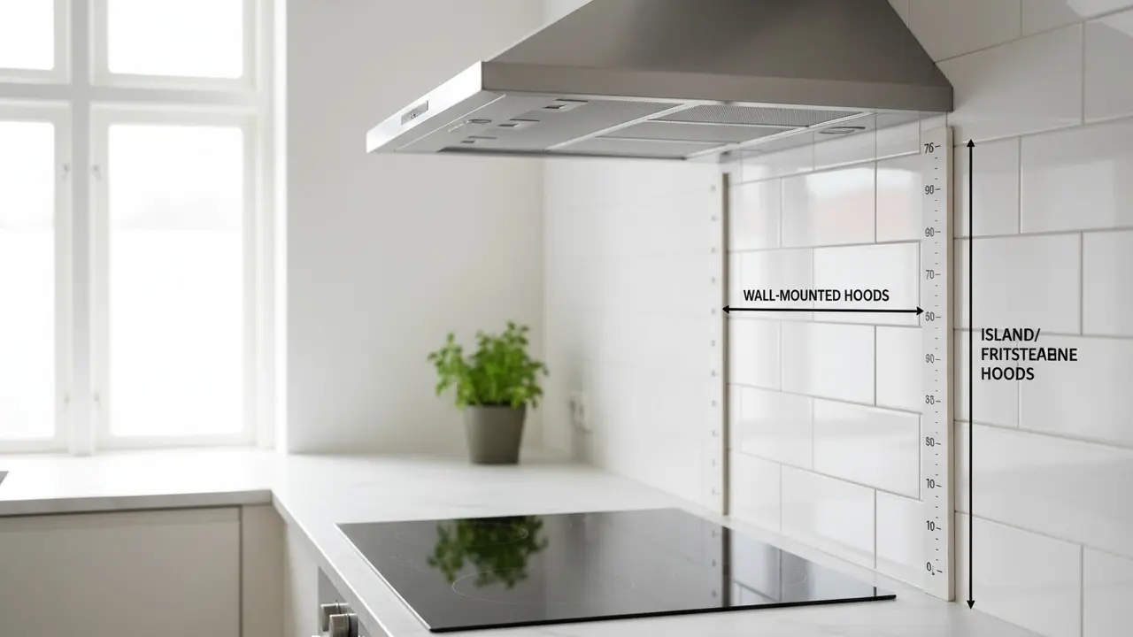 Måling af afstand mellem kogeplade og emhætte med markeringer for 65–75 cm og 75–90 cm.