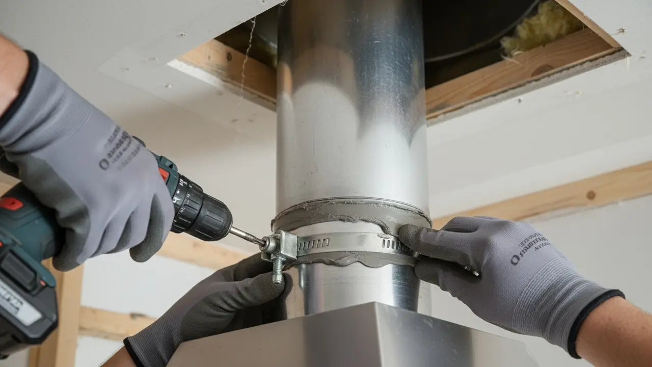 Montering af ventilationsrør: rør og spændebånd fastgøres, tætningsmasse påføres ved samlinger.