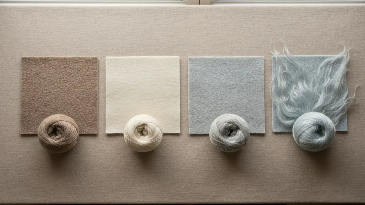 Fire uldprøver og garnkugler ved siden af hinanden med forskellige teksturer (alpaka, merino, cashmere, mohair)