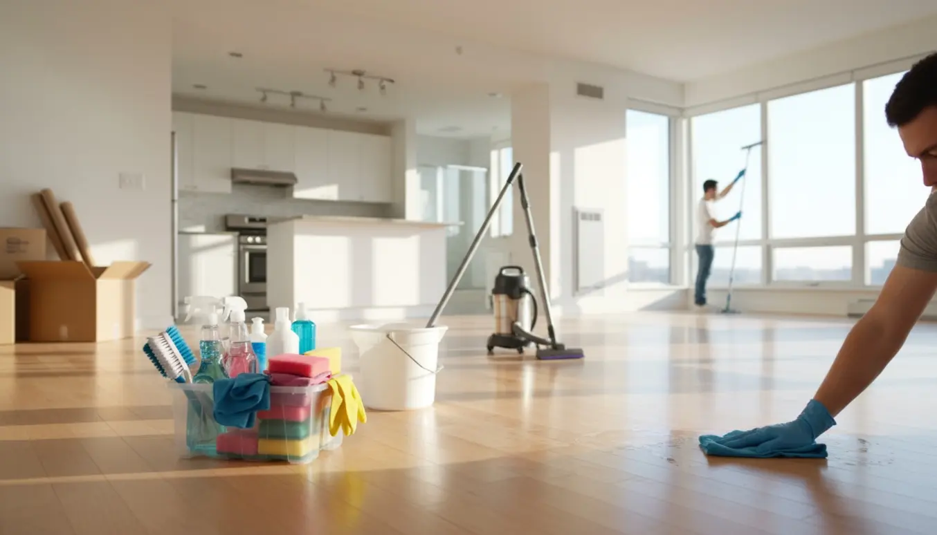 Lys fraflyttet lejlighed med rengøringskasse, støvsuger, flade flyttekasser og en handske-klædt hånd, der tørrer gulvet.