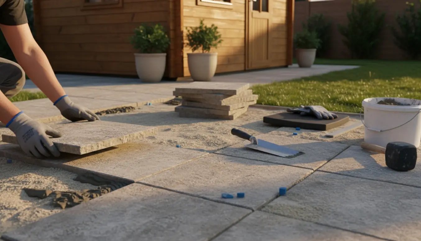 Nærbillede af hænder, der lægger fliser på en lille terrasse ved et sommerhus.