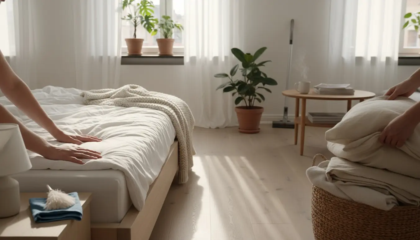 Hænder folder rent sengetøj og rydder op i et lyst, solrigt soveværelse.