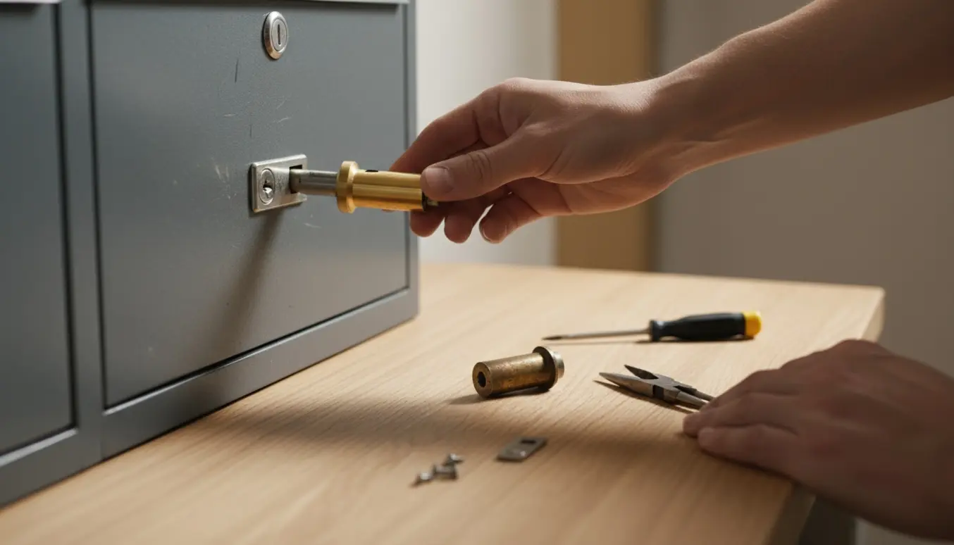 Nærbillede af hænder, der udskifter en cylinderlås i en postkasse med værktøj på et arbejdsbord.