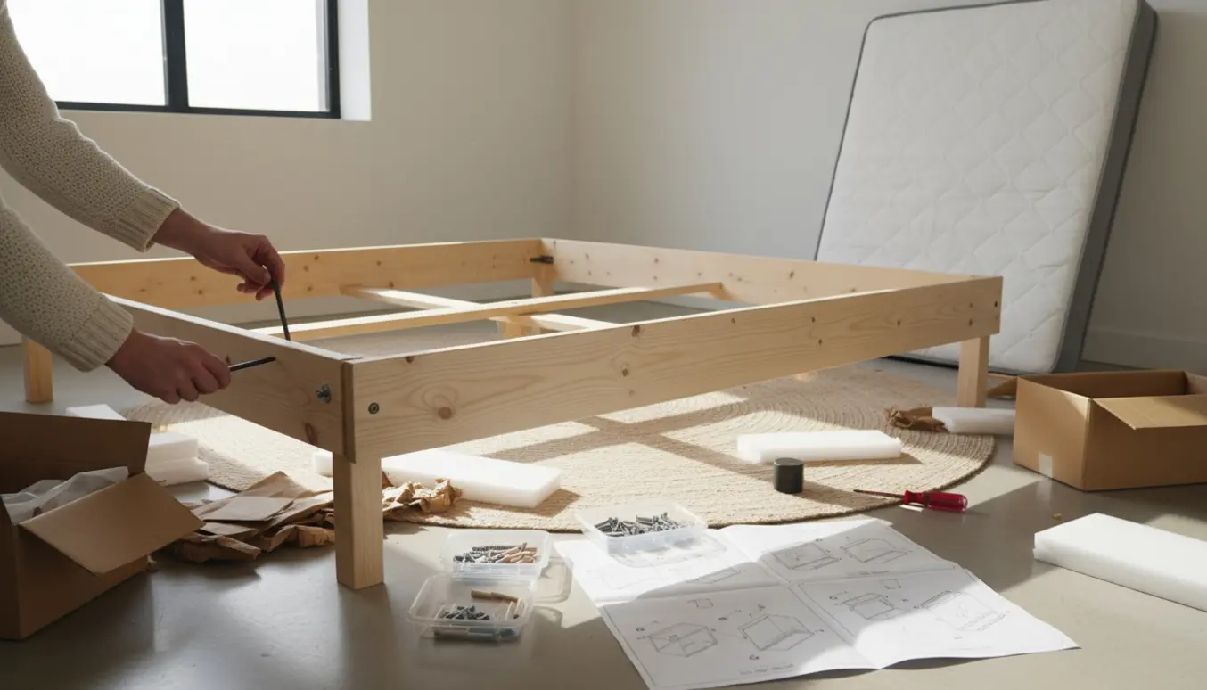 Delvist samlet træramme til seng i lyst soveværelse med værktøj og monteringsdele spredt omkring.