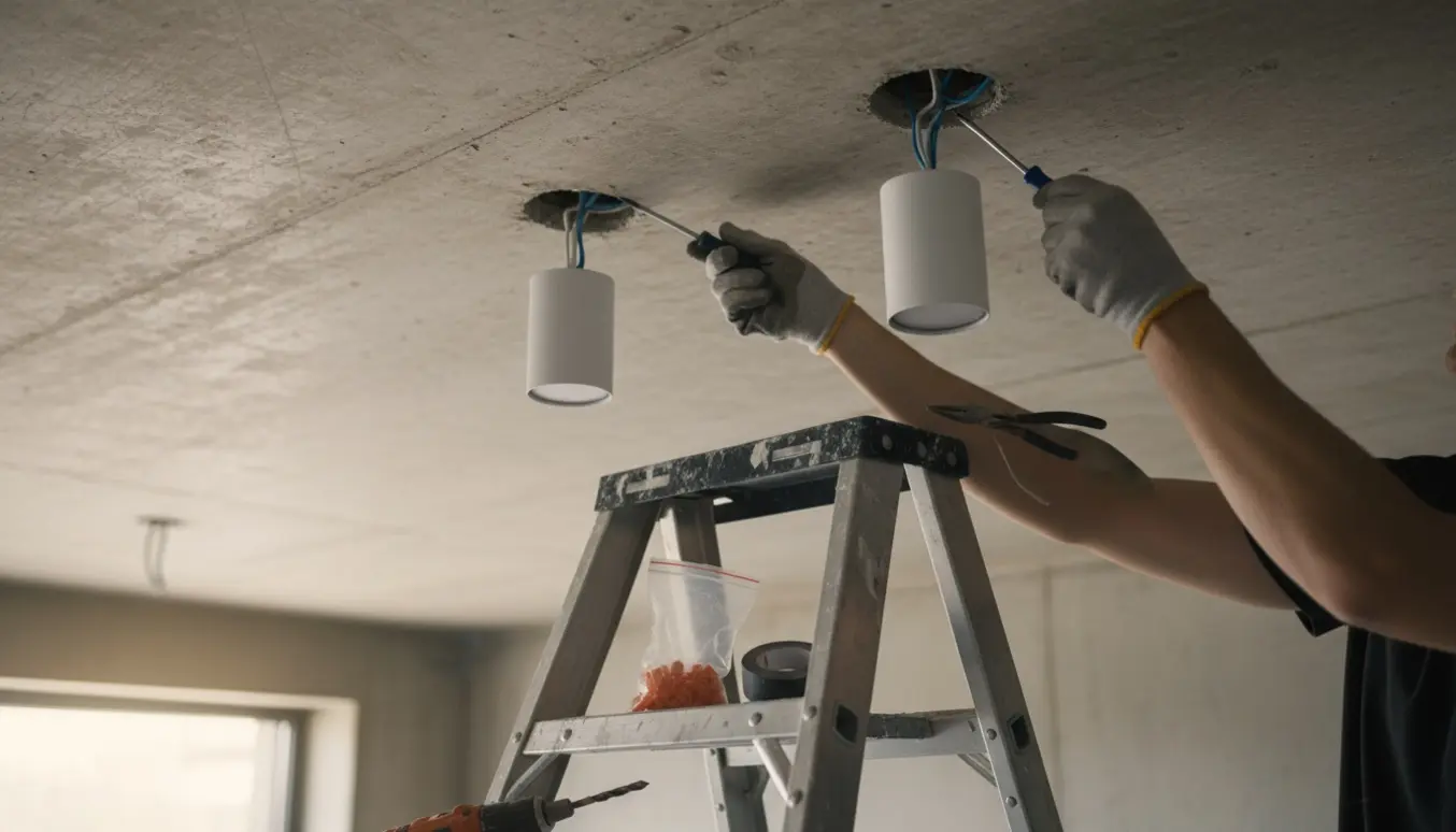 To hvide loftlamper monteres i et råt betonloft, med hænder på en stige der forbinder ledningerne.