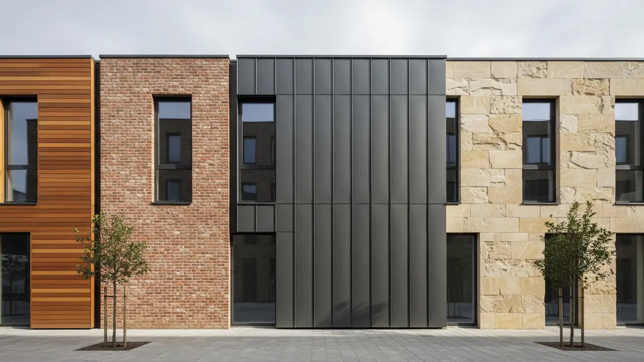 Gade med fire huse, hver med forskellige facadematerialer: træ, mursten, metal og natursten.