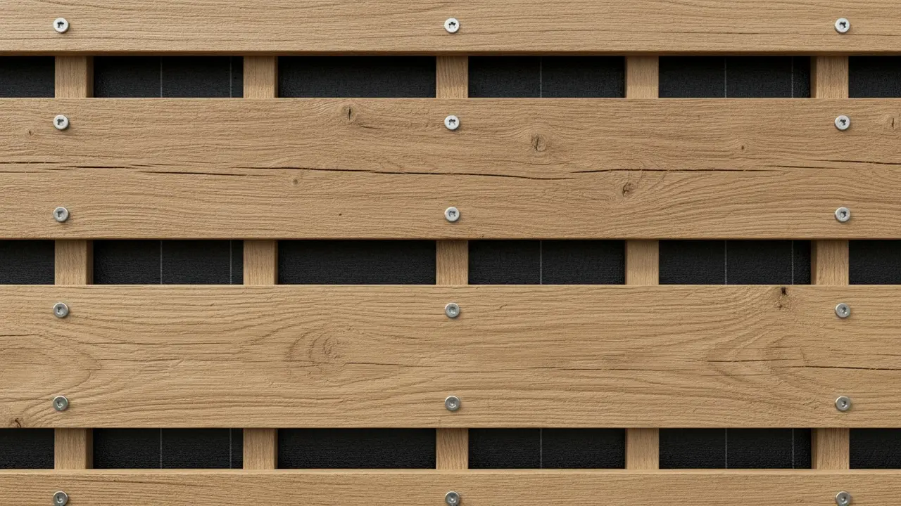 Nærbillede af træfacade under montering med ventilerede lægter og synlige skruer.