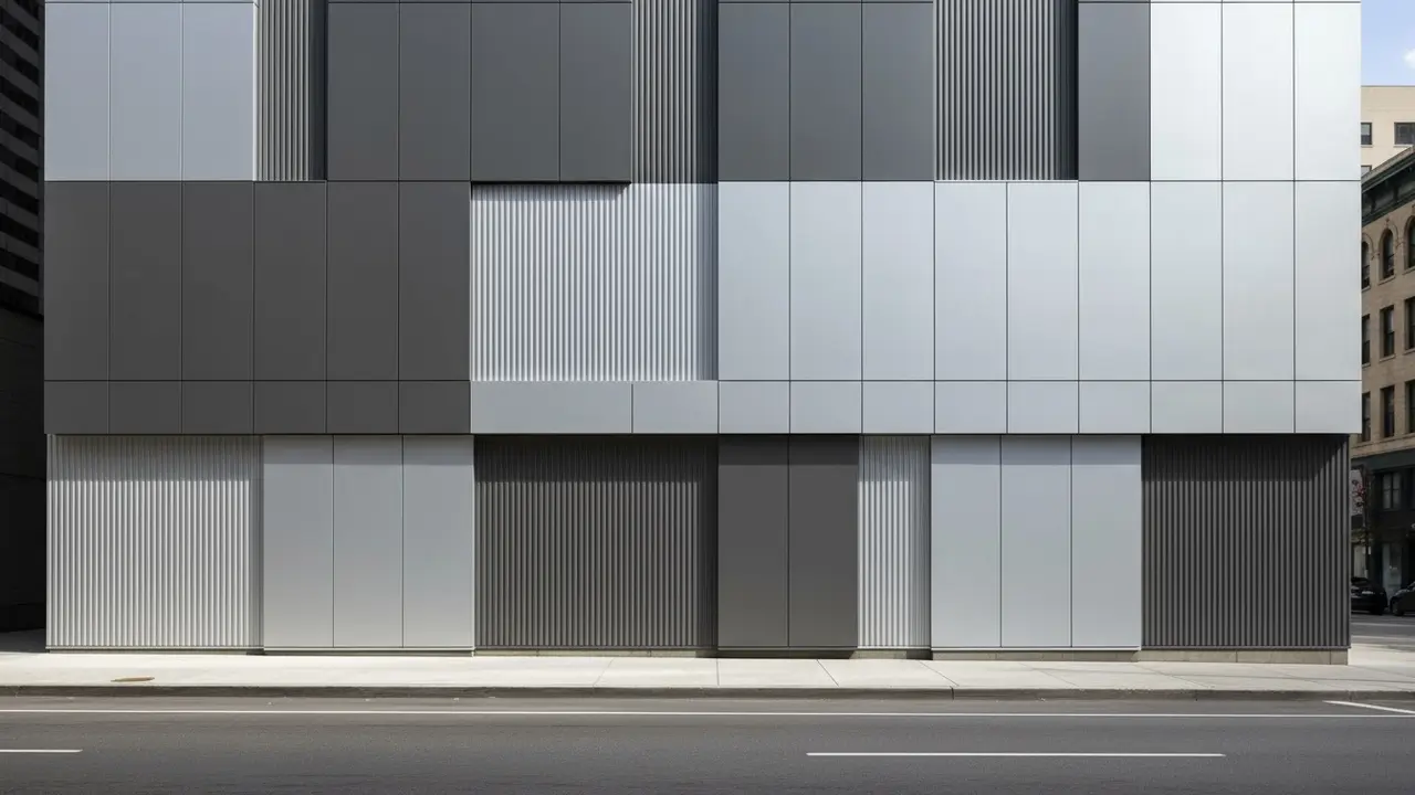 Moderne bygning med strømlinet metalbeklædning og tydelige panelfuger.