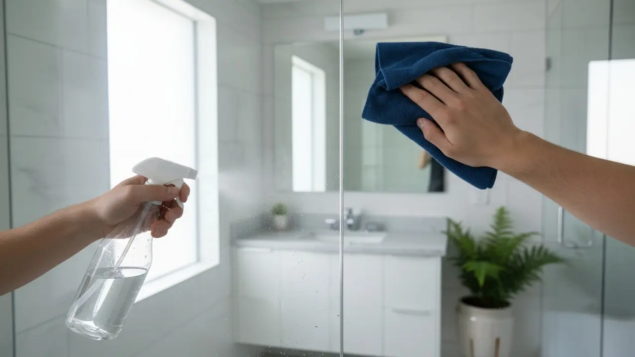 Hænder pudser et spejl med mikrofiberklud, før-og-efter glans