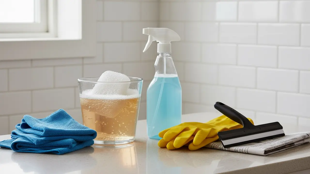 Rengøringsudstyr: mikrofiberklude, spand, sprayflaske, handsker og gummiskraber